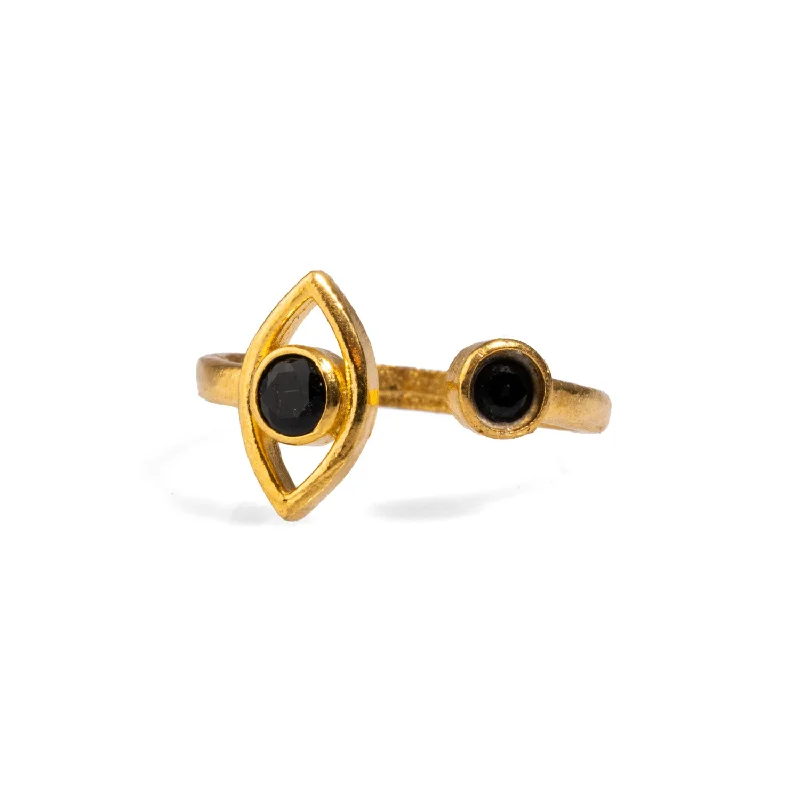 classic wedding band for men -Spiritual Eye Black Onyx Stone & Gold Dainty Stackable Ring