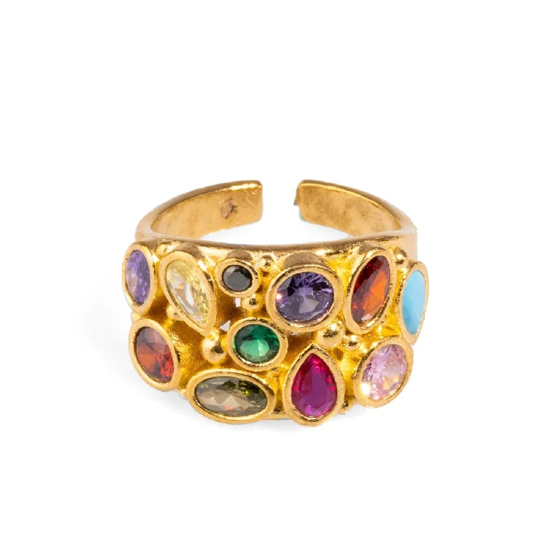 diamond cluster ring for women -Teardrop Colorful Multi Gemstone & Gold Adjustable Statement Ring