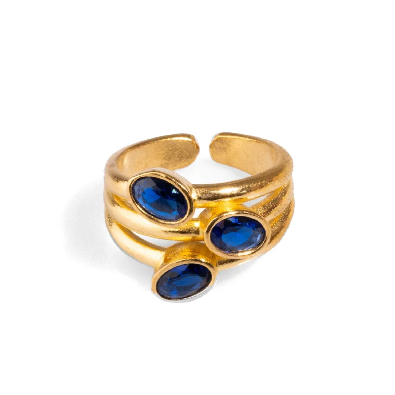 custom promise ring for women -Trio Sapphire Gemstone & Gold Stylish Adjustable Cocktail Ring