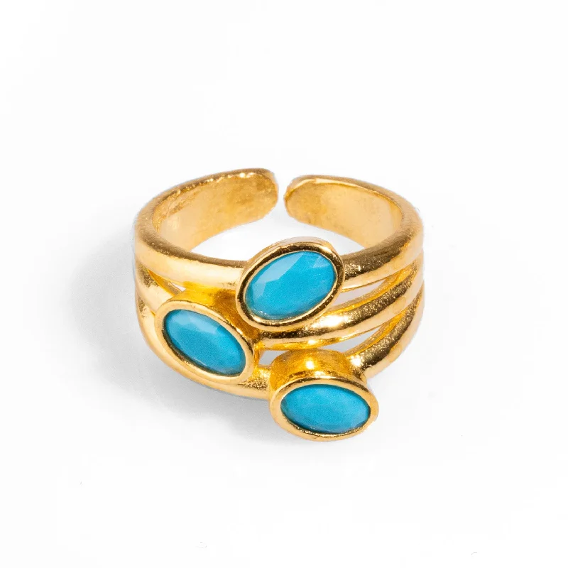 diamond halo ring for engagement -Trio Turquoise Gemstone & Gold Stylish Adjustable Cocktail Ring