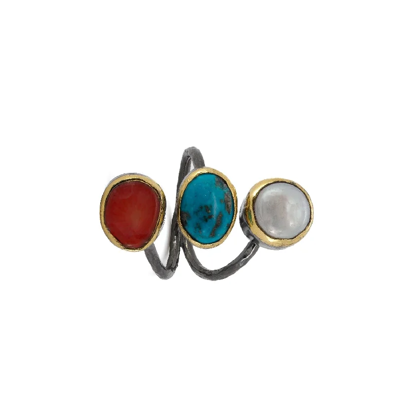 personalized birthstone ring for women -Triple Gemstone Sterling Silver Ring