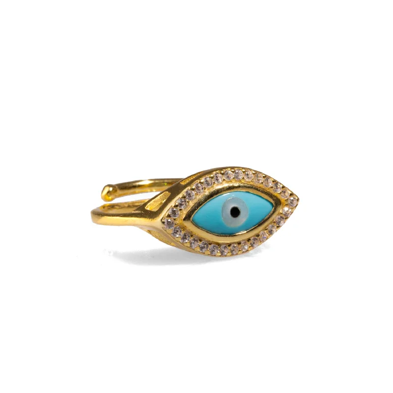 gold engagement ring for women -Turquoise Evil Eye & Diamond Gold Statement Ring