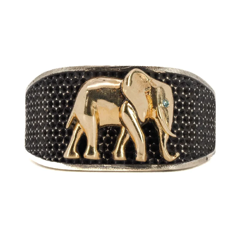 men’s leather ring with silver -Unique Silver And Gold Elephant Ring