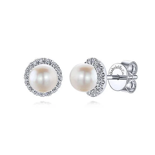 black stud earrings for men-14K White Gold 0.25cttw H/I SI2 Diamond Halo Pearl Earrings