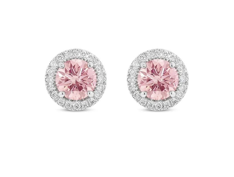 silver stud earrings for brides-14K White Gold 2.00cttw VS Pink Diamond Earrings with Halo