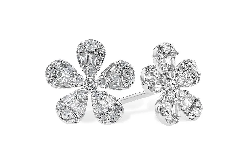 zirconia stud earrings-14K White Gold .50cttw Round & Baguette Diamond Flower Earrings