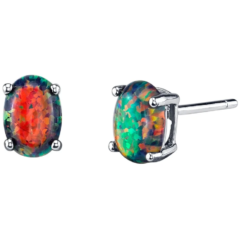 gold stud earrings with gemstones-14k White Gold Black Opal Stud Earrings 1 ct Oval Shape