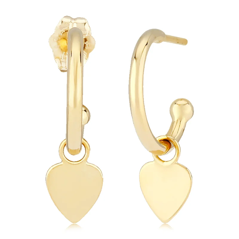 silver heart stud earrings-14K Yellow Gold Earrings, Flat Drop Heart