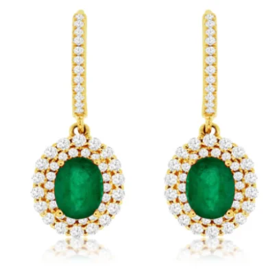 sterling silver stud earrings with diamonds-14K Yellow Gold  Gold 1.40cttw Emerald & 0.85cttw Diamond Earrings