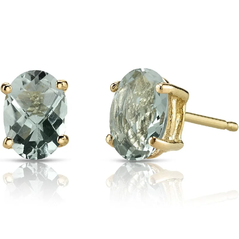 black stud earrings for men-14k Yellow Gold Green Amethyst Stud Earrings 1.34 ct Oval Shape