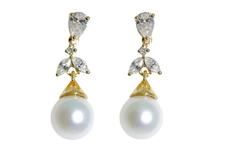 big stud earrings for women-14K Yellow Gold Pearl & 0.37cttw Diamond Earrings by RJM