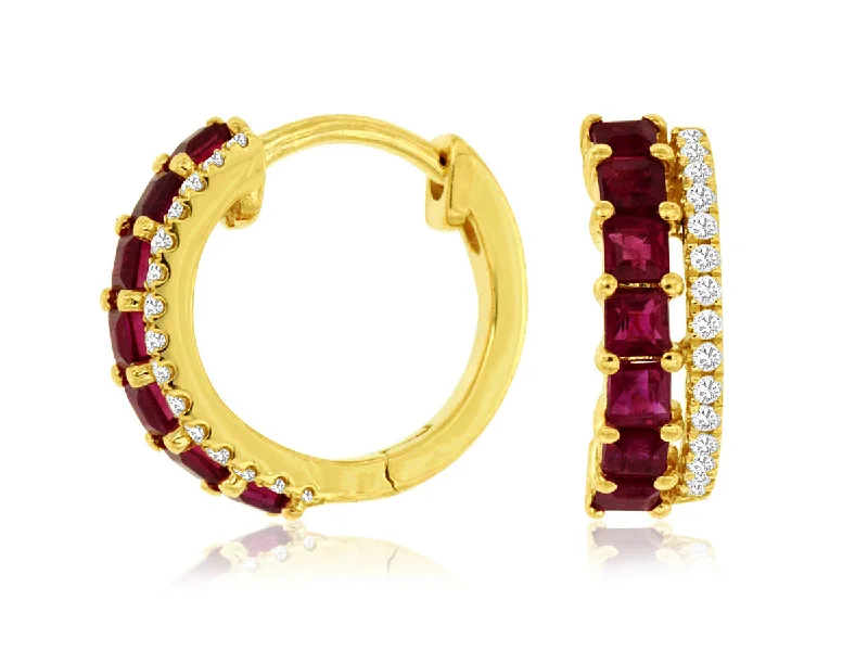 gold stud earrings with gemstones-14K Yellow Gold Ruby & Diamond Huggie Earrings