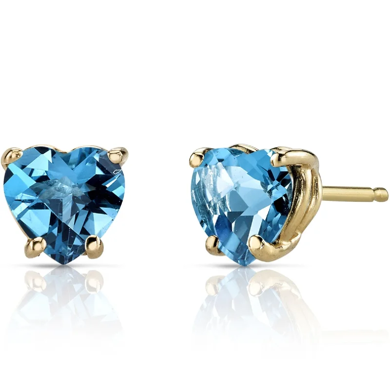 stud earrings with cubic zirconia-14k Yellow Gold Swiss Blue Topaz Stud Earrings 1.81ct Heart Shape