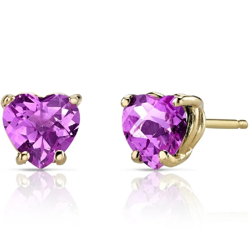 vintage silver stud earrings-2.25 ct Heart Shape Created Pink Sapphire Stud Earrings in 14K Yellow Gold