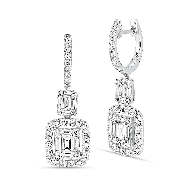 silver stud earrings for women-Emerald-Cut Diamond Illusion Dangle Earrings