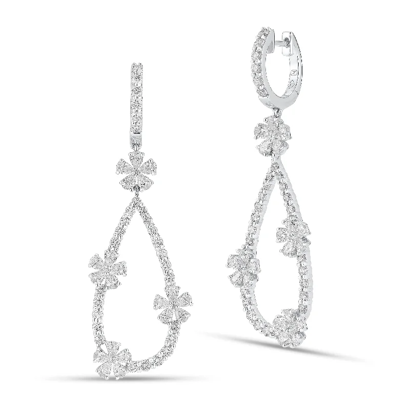 silver flower stud earrings-Diamond Flower Teardrop Hoop Earrings