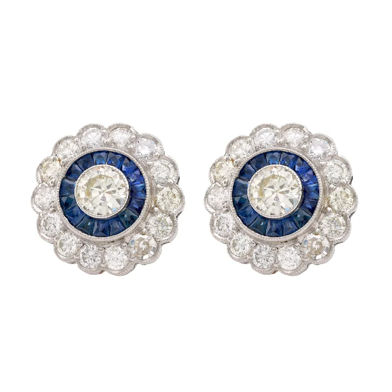 stud earrings with colored stones-Art Deco Inspired Diamond Sapphire Platinum Halo Studs