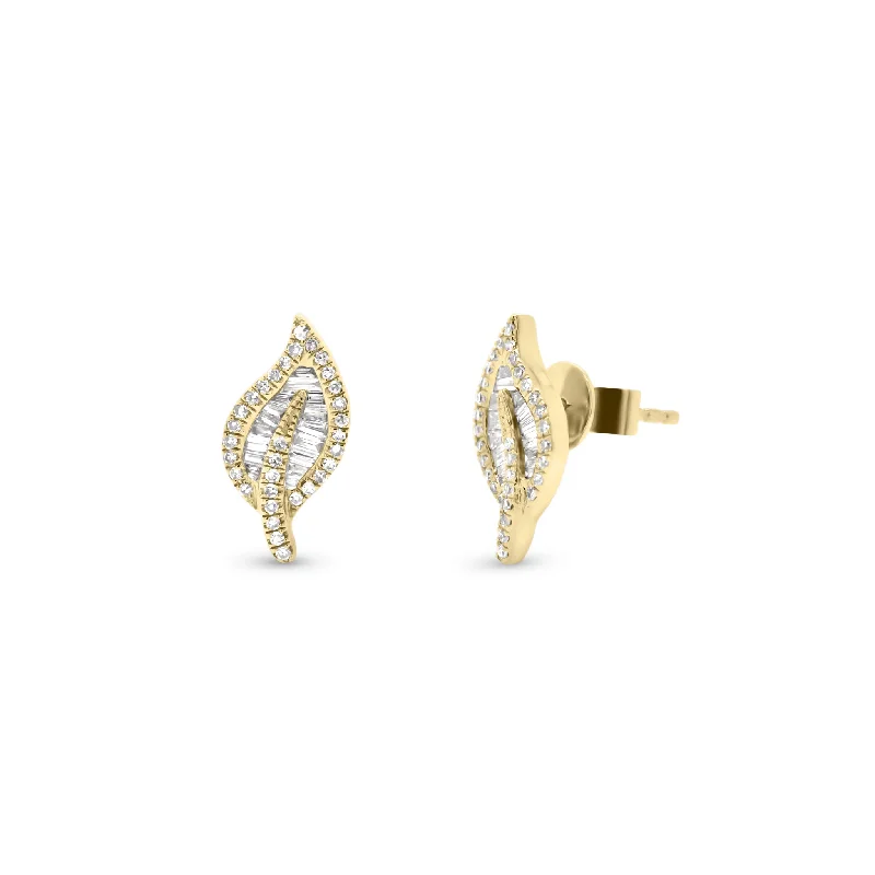 yellow gold stud earrings-Baguette Diamond Leaf Stud Earrings