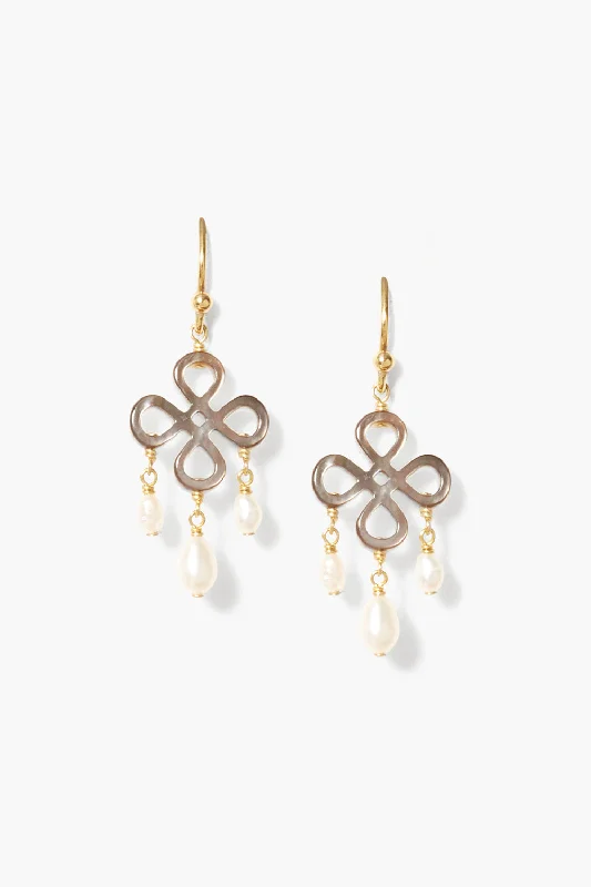 silver flower stud earrings-Clover Chandelier Earrings White Pearl