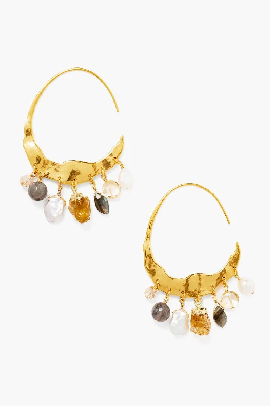 designer diamond stud earrings-Crescent Cream Pearl and Citrine Mix Gold Hoop Earrings