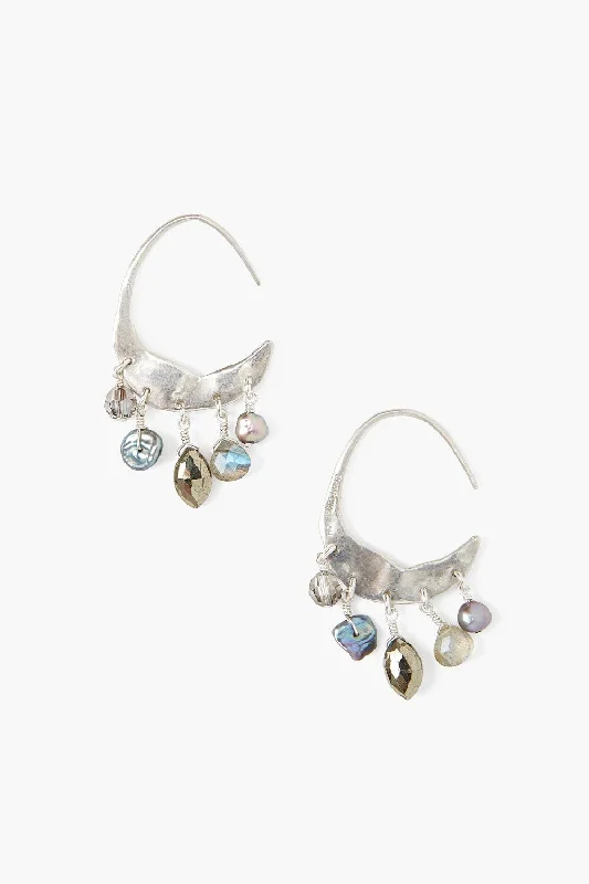 stud earrings with turquoise-Petite Crescent Grey Pearl and Labradorite Mix Silver Hoop Earrings