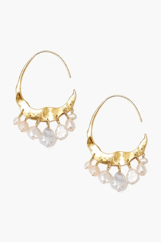 white gold stud earrings-Crescent White Pearl and Gold Hoop Earrings