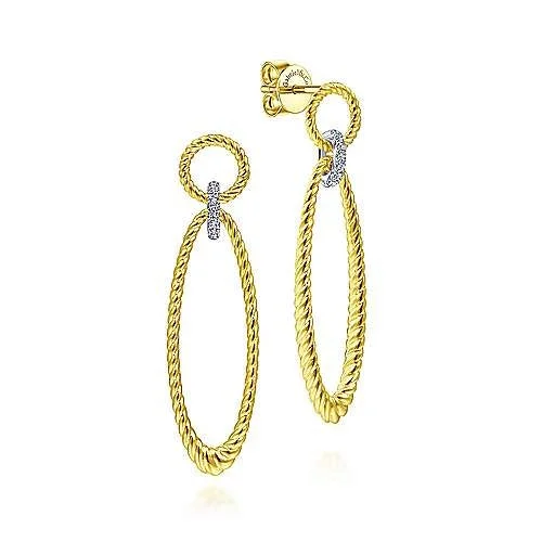 classic gold stud earrings-14K Yellow-White Gold Twisted Rope Open Shape Earrings with Diamond Connector