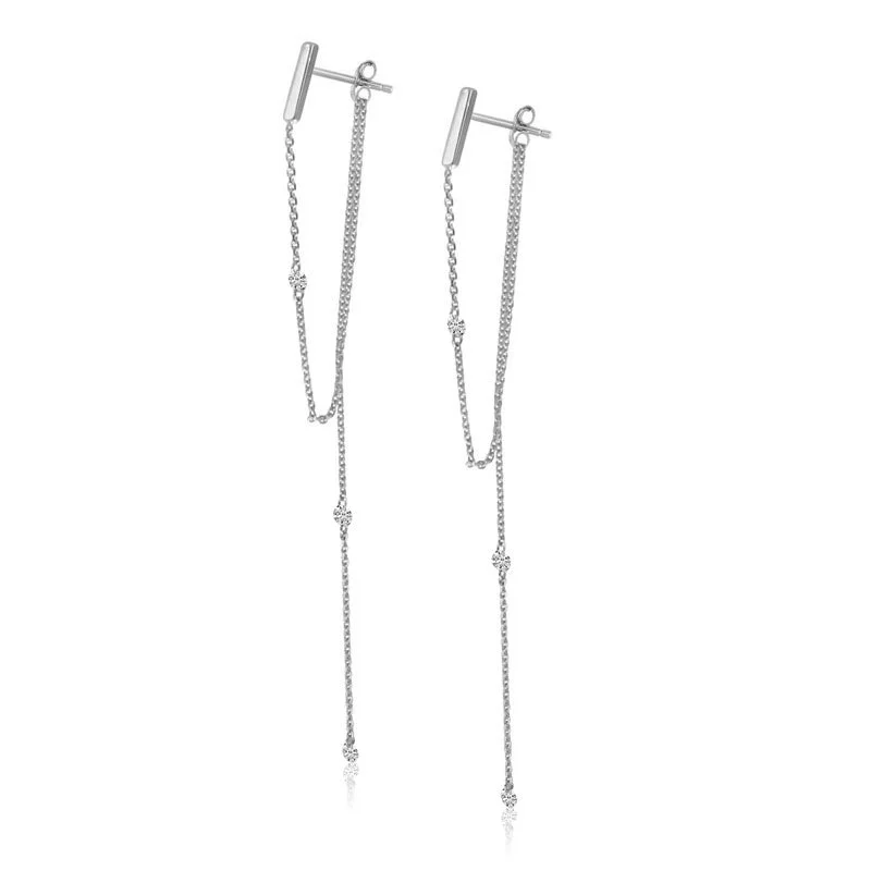 big stud earrings for women-14K White Gold Pierced Diamond Chain Dangling Post Earrings