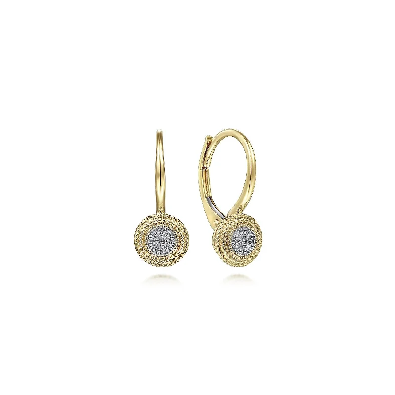 sterling silver stud earrings with diamonds-14K Yellow Gold Round Twisted Rope Frame Diamond Leverback Earrings