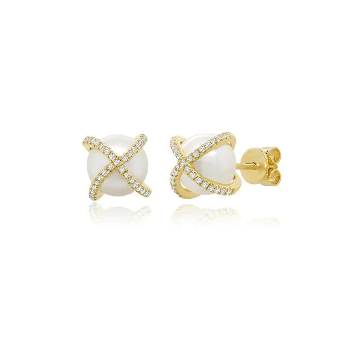 gold stud earrings for gifts-Diamond and Pearl "X" Earrings