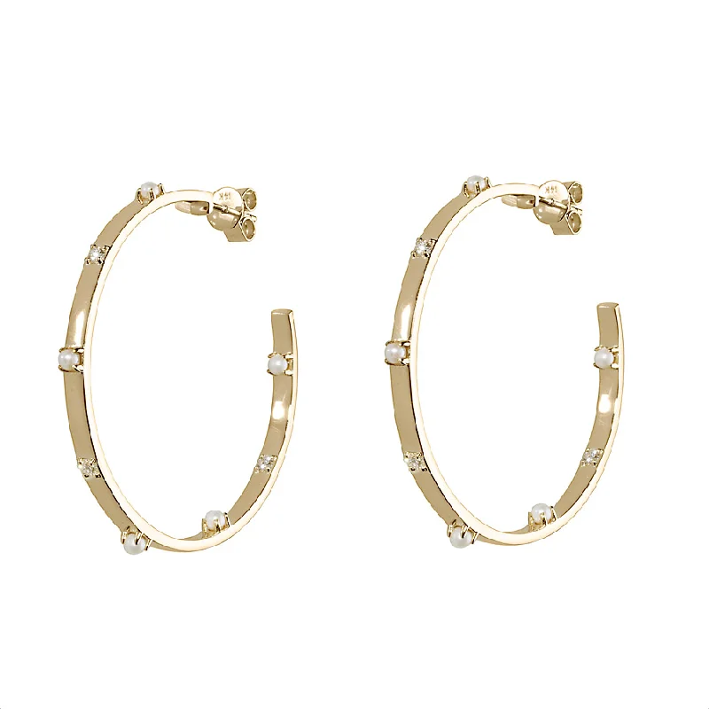 gold hoop stud earrings-Diamond & Pearl Ribbon Hoop Earrings