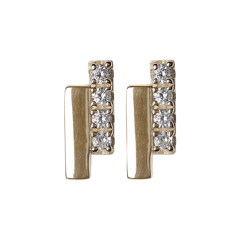 crystal stud earrings for women-Gold + Diamond Bar Studs