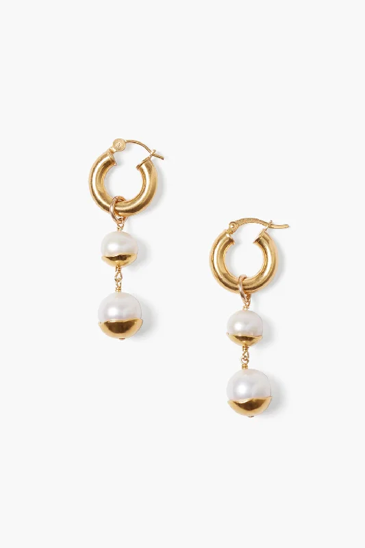 gold stud earrings with pearls-Gold Dipped Tiered Hoop Earrings White Pearl