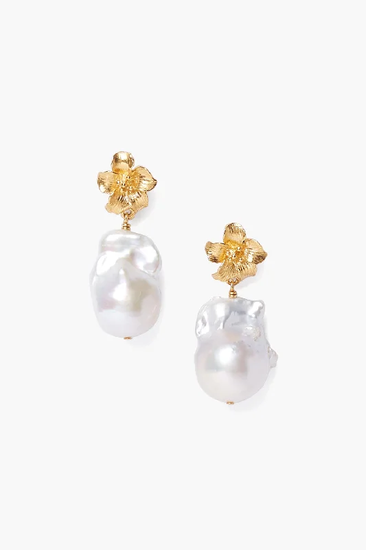 gold and pearl stud earrings-Gold Hibiscus Pearl Drop Earrings