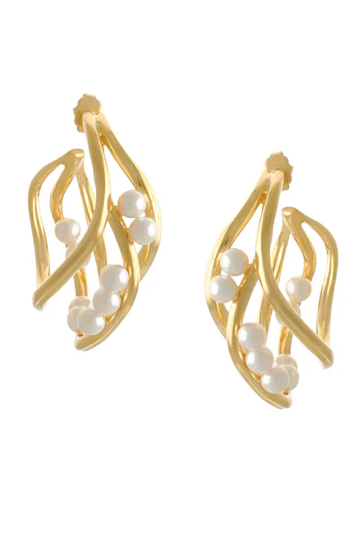 sterling silver star stud earrings-GOLD PLATED STATEMENT WAVES HOOPS WITH PEARL