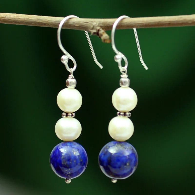 custom gold stud earrings-Handmade Mystic Truth Modern Blue Lapis Lazuli with Freshwater Pearls on 925 Sterling Silver Wires Dangle Earrings (India)