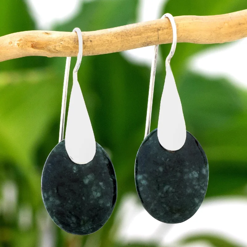 sterling silver hoop stud earrings-Handmade Sterling Silver 'Dark Maya Jungle' Jade Earrings (Guatemala) - 1.7L*0.6W