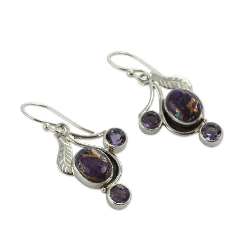 women’s stud earrings set-Handmade Sterling Silver 'Dew Blossom' Amethyst Turquoise Earrings (India)