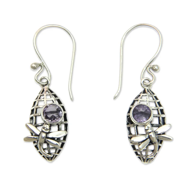 designer diamond stud earrings-Handmade Sterling SIlver 'Dragonfly in Lilac' Amethyst Earrings (Indonesia)