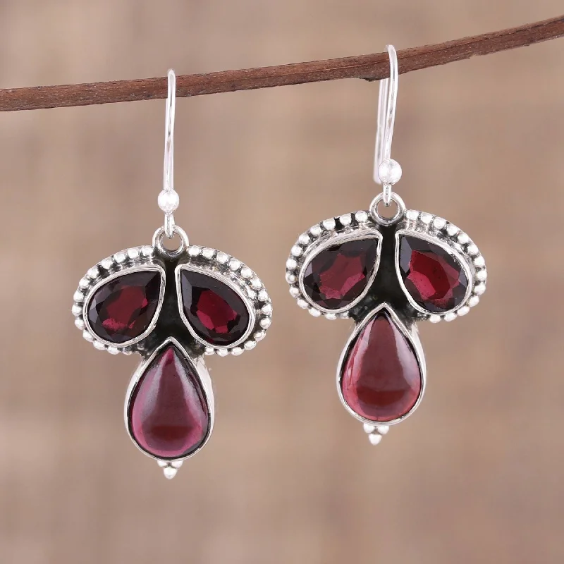 rose gold stud earrings for women-Handmade Sterling Silver 'Droplet Trios' Garnet Earrings (India)