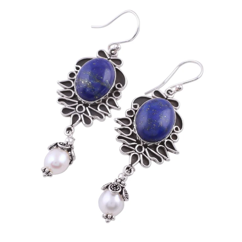 black stud earrings for men-Handmade Sterling Silver 'Ethereal' Lapis and Peal Earrings (8 mm) (India)