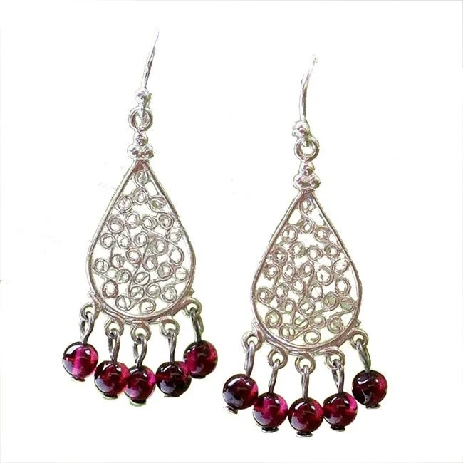 floral stud earrings-Handmade Sterling Silver 'Lace Teardrop' Garnet Chandelier Earrings (Thailand)