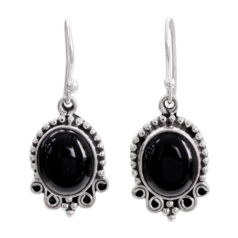 fashion diamond stud earrings-Handmade Sterling Silver 'Midnight Kiss' Onyx Dangle Earrings (India)