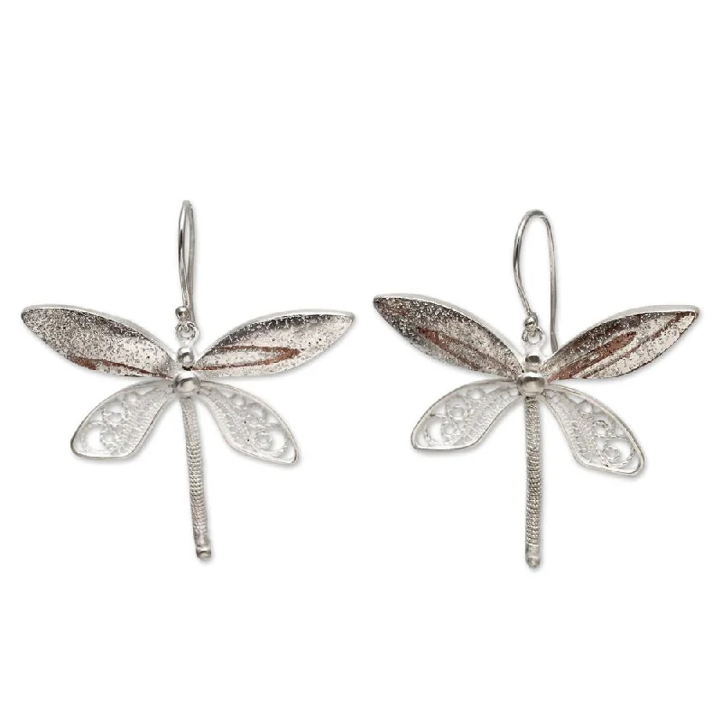 trendy ear studs-Handmade Sterling Silver 'Poised Dragonflies' Earrings (Peru) - 9' x 12'