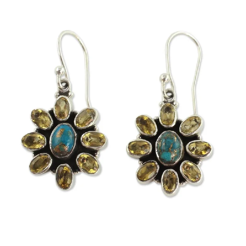 small gold stud earrings-Handmade Sterling Silver 'Sunny Sky' Turquoise Citrine Earrings (India) - 1.5*0.7