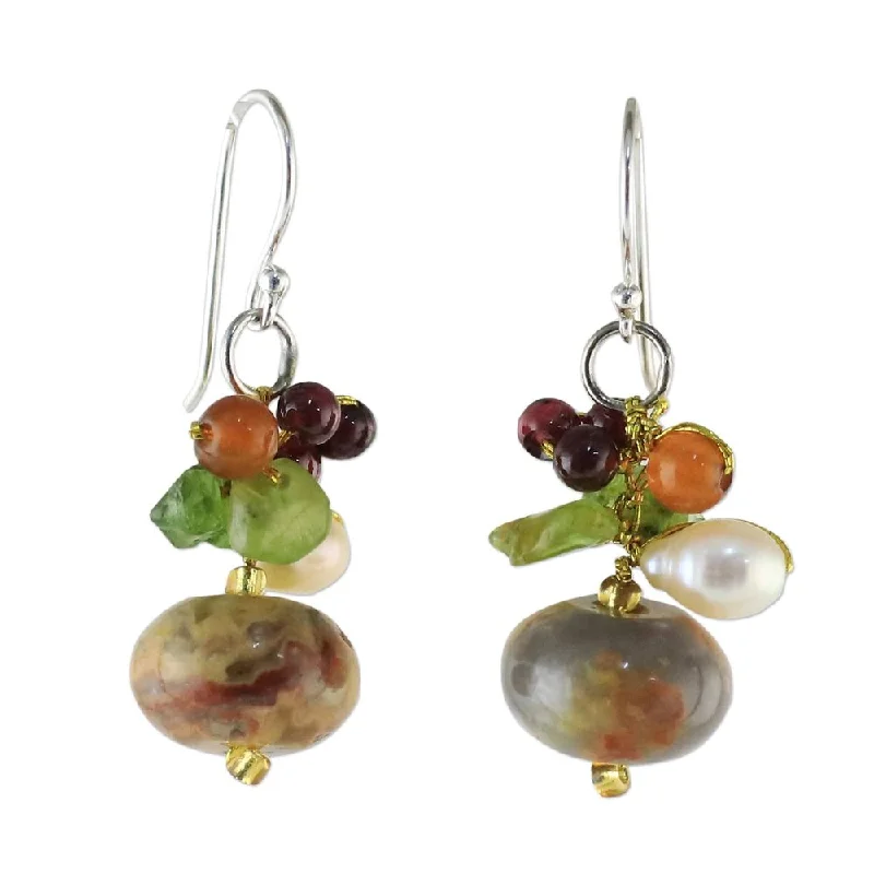 double stud earrings for women-Jasper and Cultured Pearl Dangle Earrings, 'Exotic Cluster' - 1.4*0.6