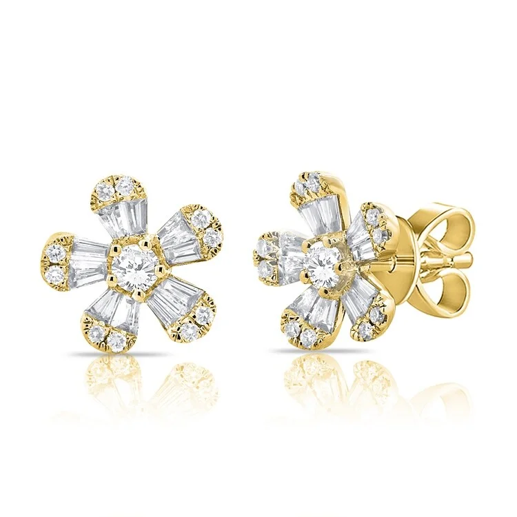 handmade stud earrings-Joelle Baguette Diamond Flower Stud Earrings 3/4 ct. t.w. 14K Gold