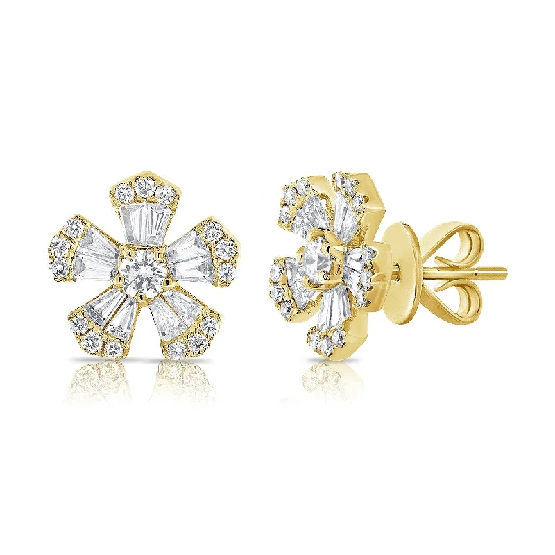 silver stud earrings with gemstones-Joelle Baguette Diamond Flower Stud Earrings 9/10 ct. t.w. 14K Gold