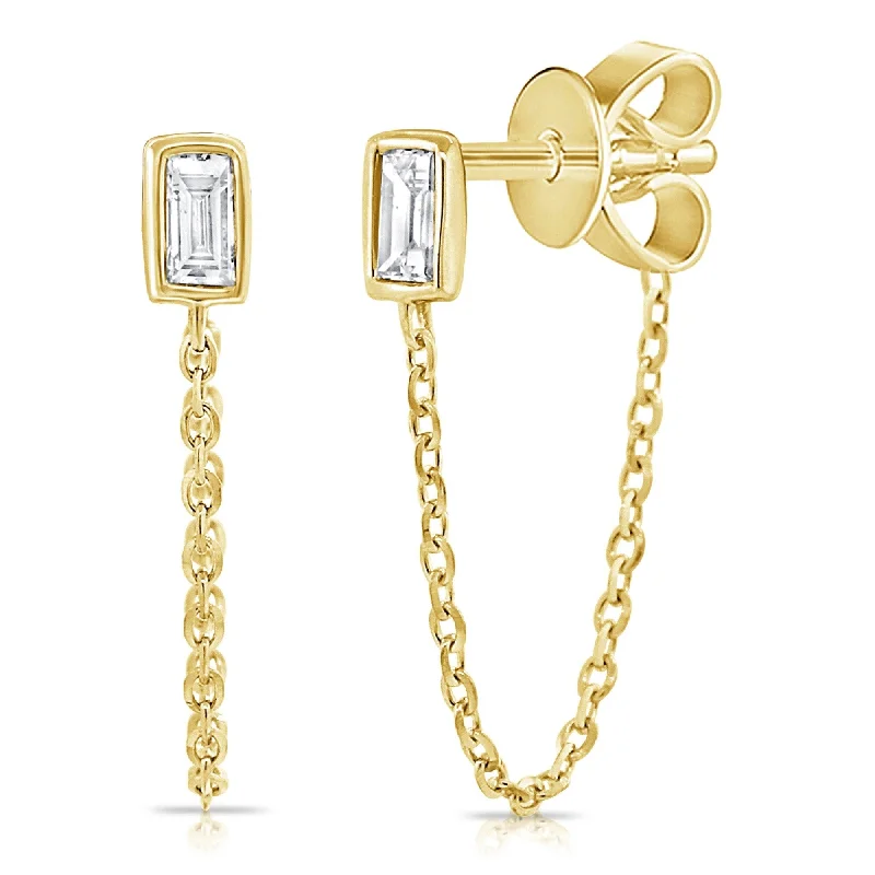 crystal stud earrings for women-Joelle Diamond Baguette Chain Drop Stud Earrings 14K Gold