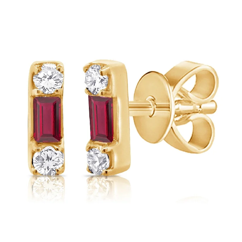 silver stud earrings for brides-Joelle Diamond & Red Ruby Baguette Tiny Stud Earrings 14K Gold